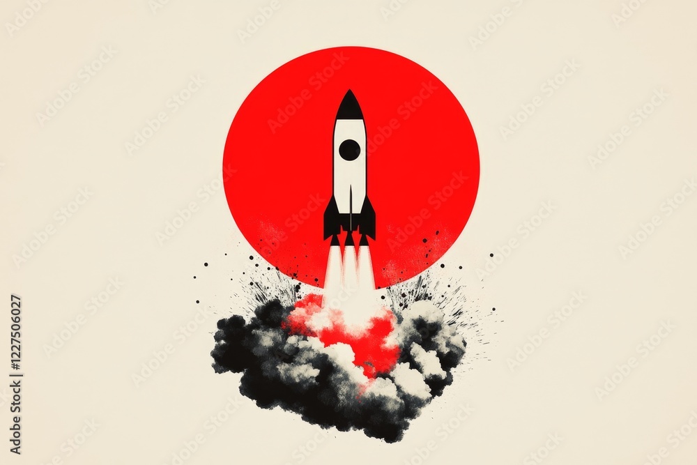 Poster a flat design of a rocket failing to launch, with smoke and sparks at the base, symbolizing scientif
