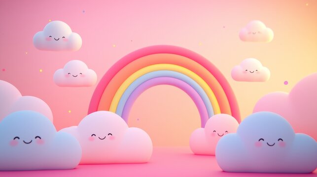 Adorable cartoony characters of smiling clouds and rainbows in a bright, cheerful sky with glowing pastel colors for a fun and whimsical cartoon illustration