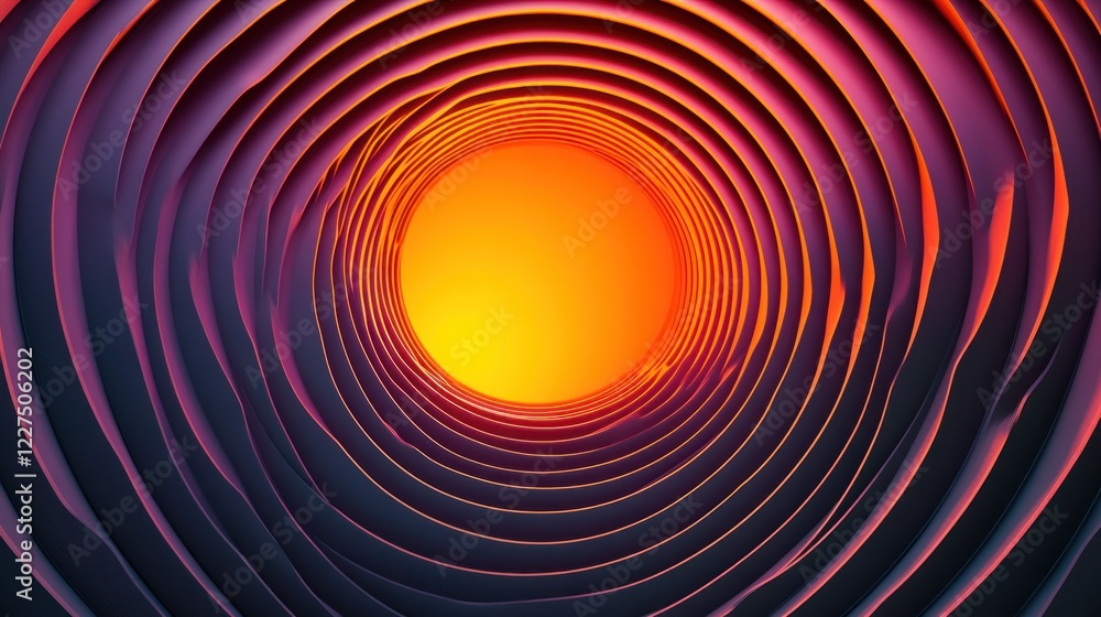 Poster abstract vibrant wave pattern with bright pulsating orange circular core