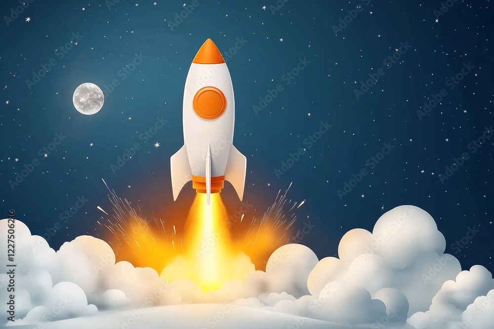 Poster a flat design of a rocket failing to launch, with smoke and sparks at the base, symbolizing scientif