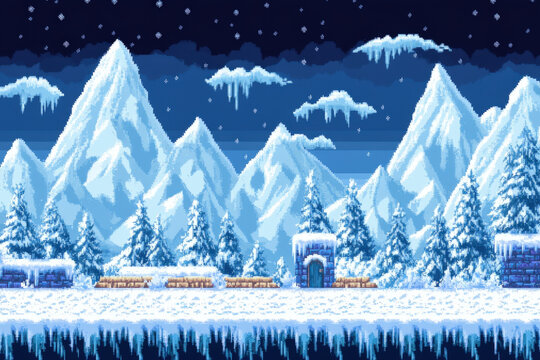8 bit retro pixel art background winter landscape