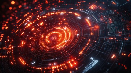 Obraz premium Abstract digital background featuring glowing circular patterns and intricate lines in vibrant red tones
