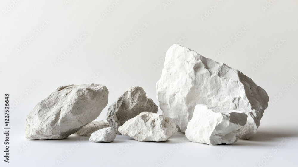Poster a minimalist still life of different sized natural chalk rocks, each with unique textures and imperf