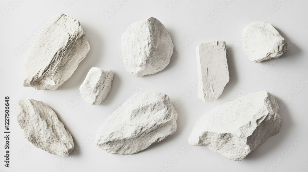 Poster a minimalist still life of different sized natural chalk rocks, each with unique textures and imperf