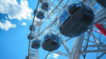 Bright Blue Sky Behind Modern Ferris Wheel with Glass Cabins