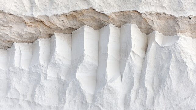 A close-up view of layered white rock formations, showcasing smooth, chiseled edges and an intriguing texture.