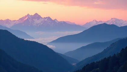 Fototapeta premium Misty mountain range at dawn, fog clinging to peaks, sunrise, grey