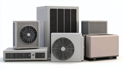 Various air conditioning units displayed together in a clean, modern setting with neutral background