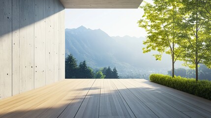 Fototapeta premium A modern wooden terrace with a blank concrete wall, featuring a door that opens to a scenic nature view in a 3D-rendered design
