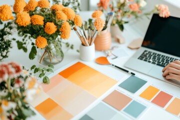 A homeowner meeting with a contractor, reviewing an estimate for home renovations, with paint swatches and a laptop on the table