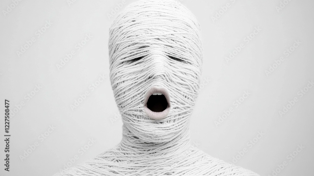 Poster abstract figure wrapped in white thread, conveying emotions of struggle and confinement against a mi