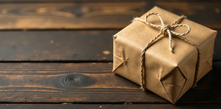 Wrapped brown package with twine string on a wooden table, rustic, box, wrapping