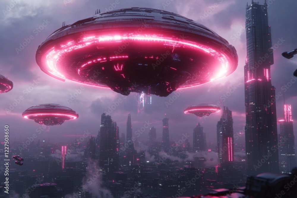 Aufkleber a futuristic cityscape dramatically illuminated by a massive beam of light shooting into the sky, wi