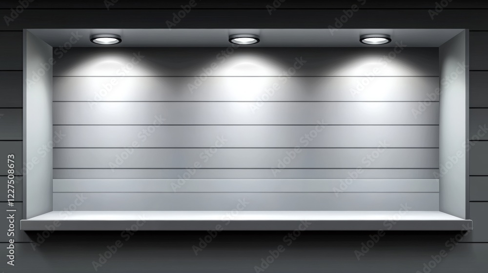 Poster empty retail store window display with modern shelf and soft lighting for promotional or advertising