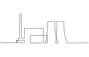 Continuous Line Drawing of Nuclear Power Icon, Continuous one line drawing industrial plant outline. Factory architecture buildings and landmark. Air pollution ecology concept.