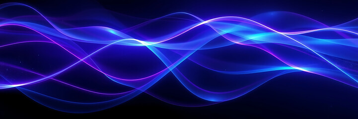 Obraz premium A digital abstraction of flowing light waves in radiant blue and purple hues, resembling energy currents moving smoothly across a dark background.