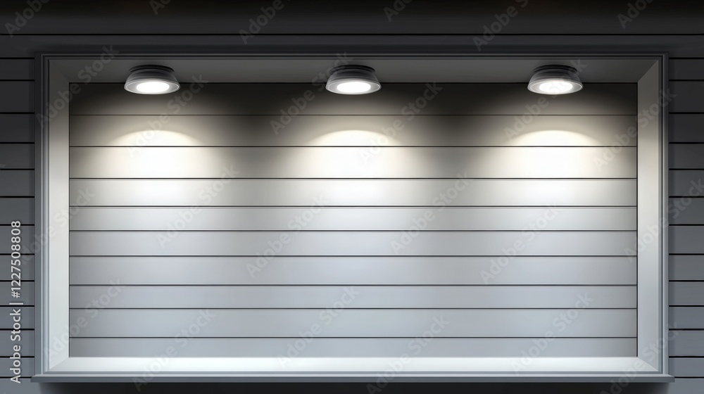 Poster digital vector illustration of an empty store window with three spotlights on a simple backdrop and 