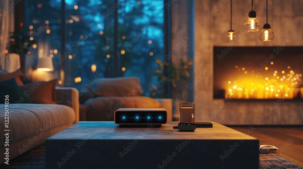 Aufkleber a modern wireless router placed in a cozy home environment, transmitting waves to multiple devices, 