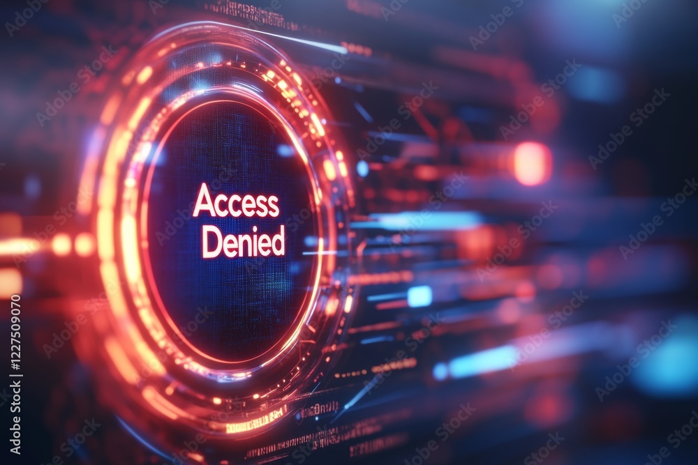 Poster A futuristic holographic interface showing a â€œAccess Deniedâ€ message, with a glowing red circle around a single user profile in a network, symbolizing exclusion in a high-tech world