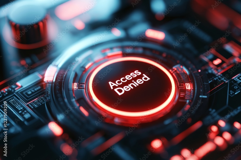 Aufkleber A futuristic holographic interface showing a â€œAccess Deniedâ€ message, with a glowing red circle around a single user profile in a network, symbolizing exclusion in a high-tech world