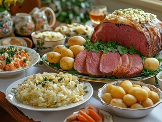 A table filled with traditional Irish dishes like corned beef, cabbage, and potatoes for St Patricks Day dinner