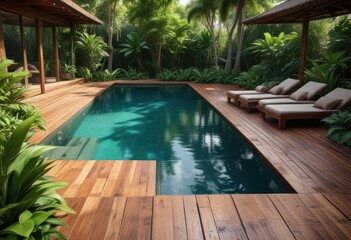 Secluded wooden deck nestled in tropical garden next to tranquil pool, relaxation, greenery, paradise, wood, deck niche