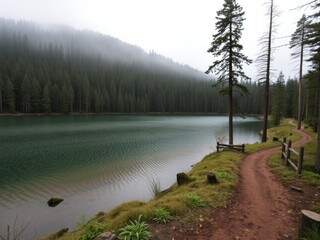 Secluded lake surrounded by towering trees and a winding forest path, calm, woodland, wilderness