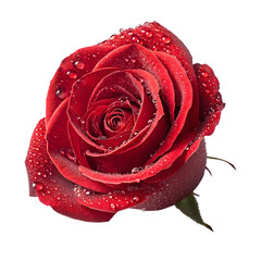 A single red rose, each petal kissed by dew, reflects the beauty and romance of Valentine's with a transparent background