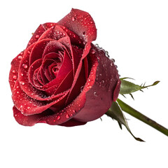 A red rose, each petal adorned with dew, captures the timeless essence of Valentine's romance with a transparent background