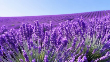 Obraz premium Lavender field blooms under clear blue sky in vibrant spring landscape