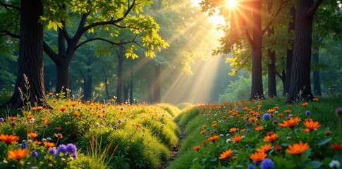 Obraz premium Sun-drenched forest clearing, vibrant wildflowers, flora, idyllic