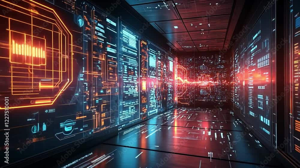 Poster futuristic hallway with digital displays and glowing data visualizations in a high-tech environment