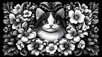 A charming monochrome cat nestled amongst delicate flowers