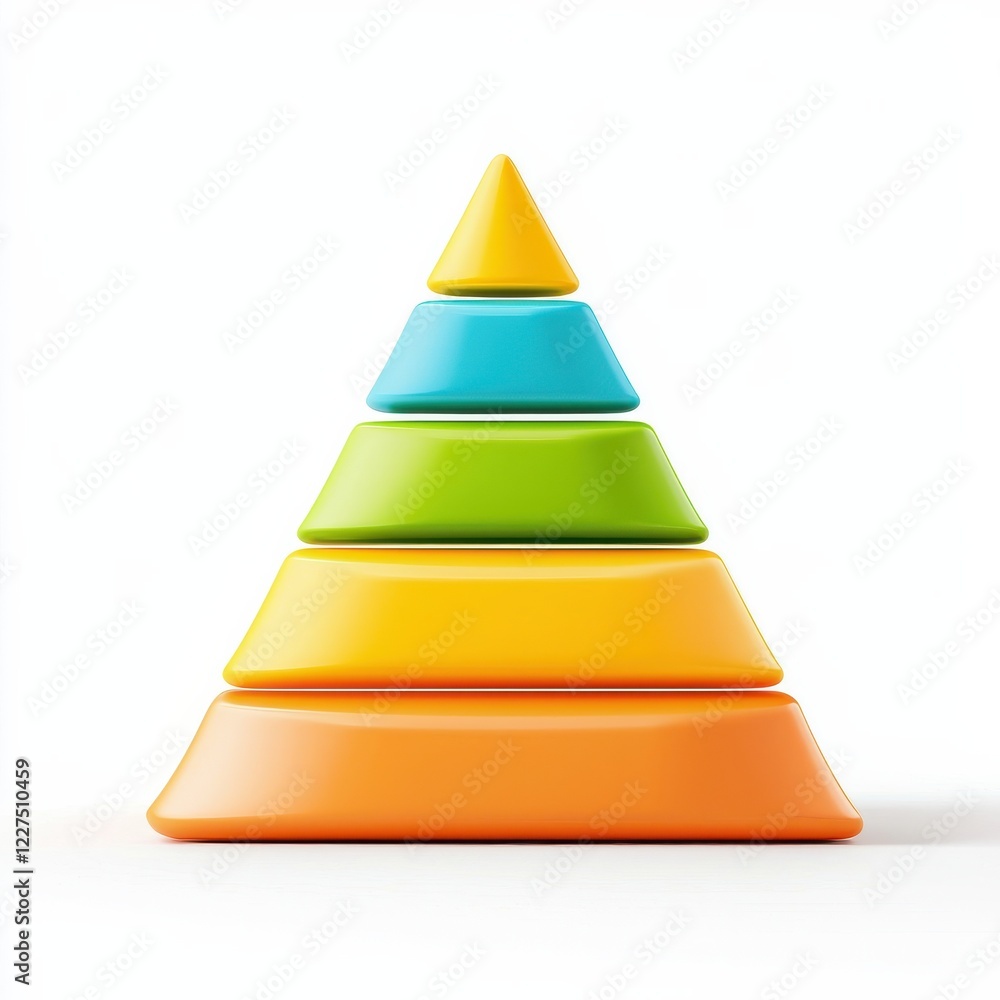 Poster a vibrant stacking toy featuring colorful geometric shapes arranged in a pyramid, designed to enhanc