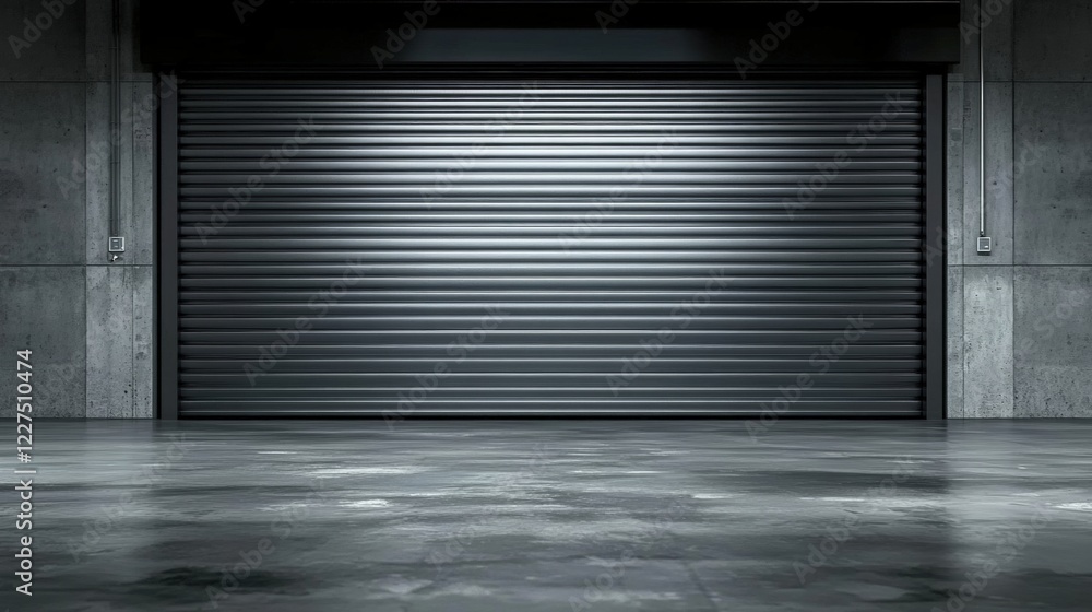 Poster front view of an empty gray industrial garage featuring a rolling shutter door and polished concrete