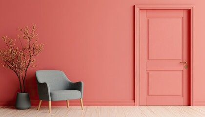 A modern interior featuring a coral wall, a cozy gray chair, and a stylish door, complemented by decorative foliage in a pot.