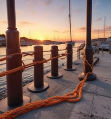 Obraz premium Seaport moorings with fenders and bollard ropes against a serene sunset, moorings, nautical, seaport