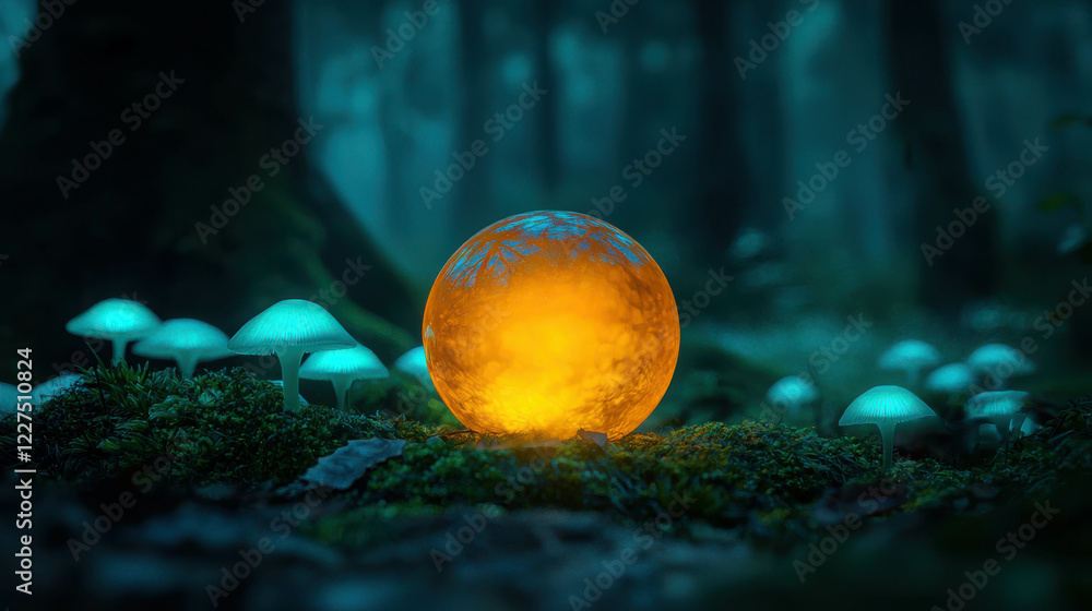 Poster enchanting scene of glowing amber orb resting in a mystical forest setting