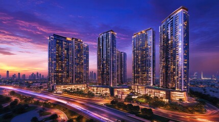 Fototapeta premium A panoramic view of the high rises along Sheikh Zayed Road, glowing with twilight hues, capturing the vibrant pulse of Dubai's architectural skyline