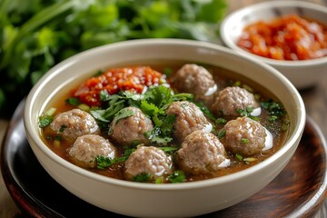 Spicy Meatball Soup, Asian Cuisine, Wooden Table (2)