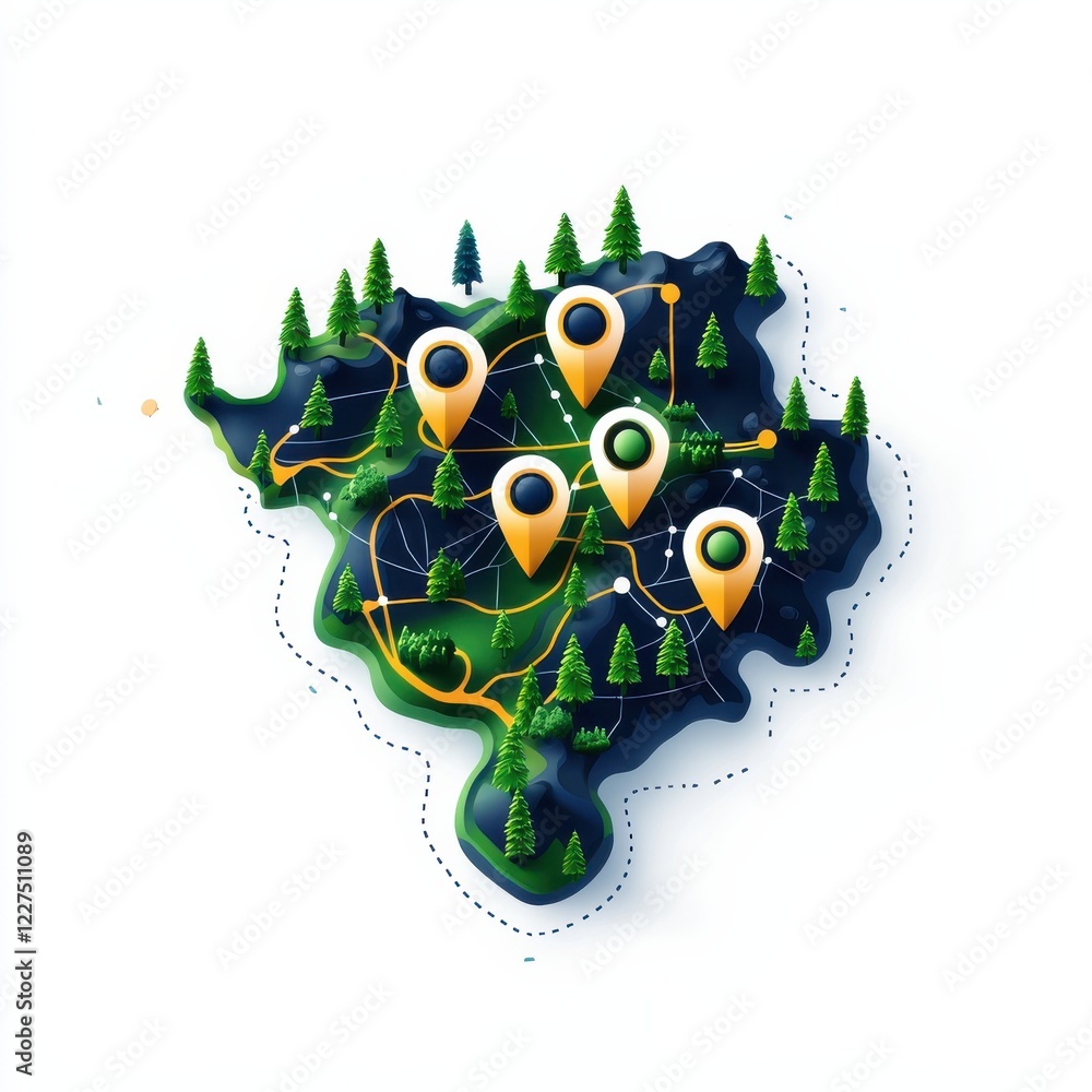 Poster a colorful, stylized map featuring trees and location pins, indicating various points of interest ac