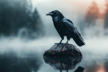 A gothic depiction of a crow cawing loudly on a barren tree, with ominous shadows and rippling water below capturing the unsettling atmosphere
