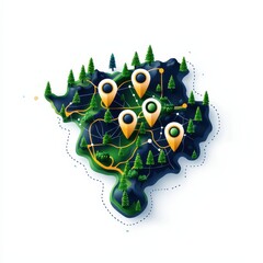 A colorful, stylized map featuring trees and location pins, indicating various points of interest across a green landscape.