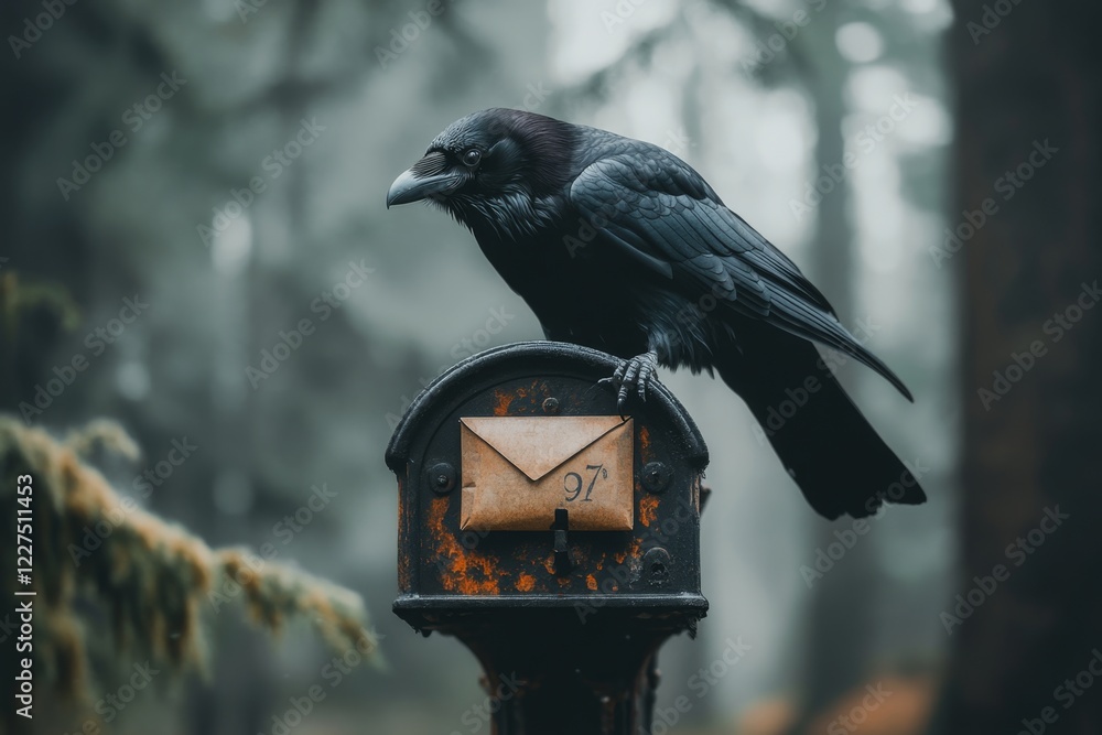 Poster a gothic depiction of a raven delivering a sealed letter, perched on a dark, ornate mailbox with sha