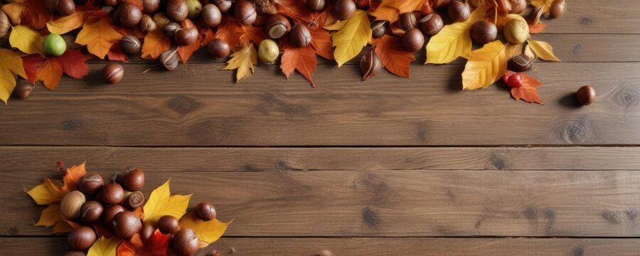Scattered autumn leaves and chesnuts on a wooden table, chesnuts, fall, holidays