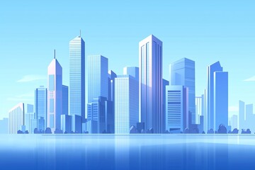 Fototapeta premium Modern skyline with tall buildings reflecting in calm water, showcasing urban life and nature