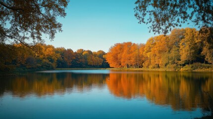 Fototapeta premium Calm Autumn Lake View with Colorful Trees and Clear Blue Sky