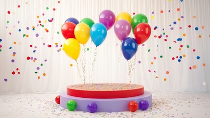 Vibrant Celebration Podium with Colorful Balloons and Confetti
