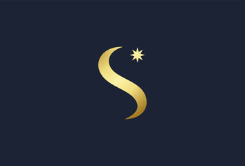 Fototapeta premium Abstract Initial Letter S Star Logo. Gold Wave S Letter with Star Icon Combination isolated on Dark Background. Usable for Business and Branding Logos. Flat Vector Logo Design Template Element.