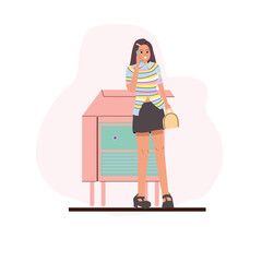 Beautiful woman holding headphone, dressed in striped short-sleeve top paired with a sleek black mini skirt., over rose pink color background. Girl in retro fashion and vintage concept 